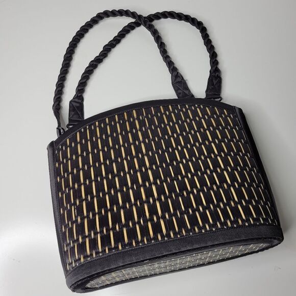 BASKETS OF CAMBODIA black tan top zip multi compartment tote bag purse LIKE NEW - Picture 12 of 16